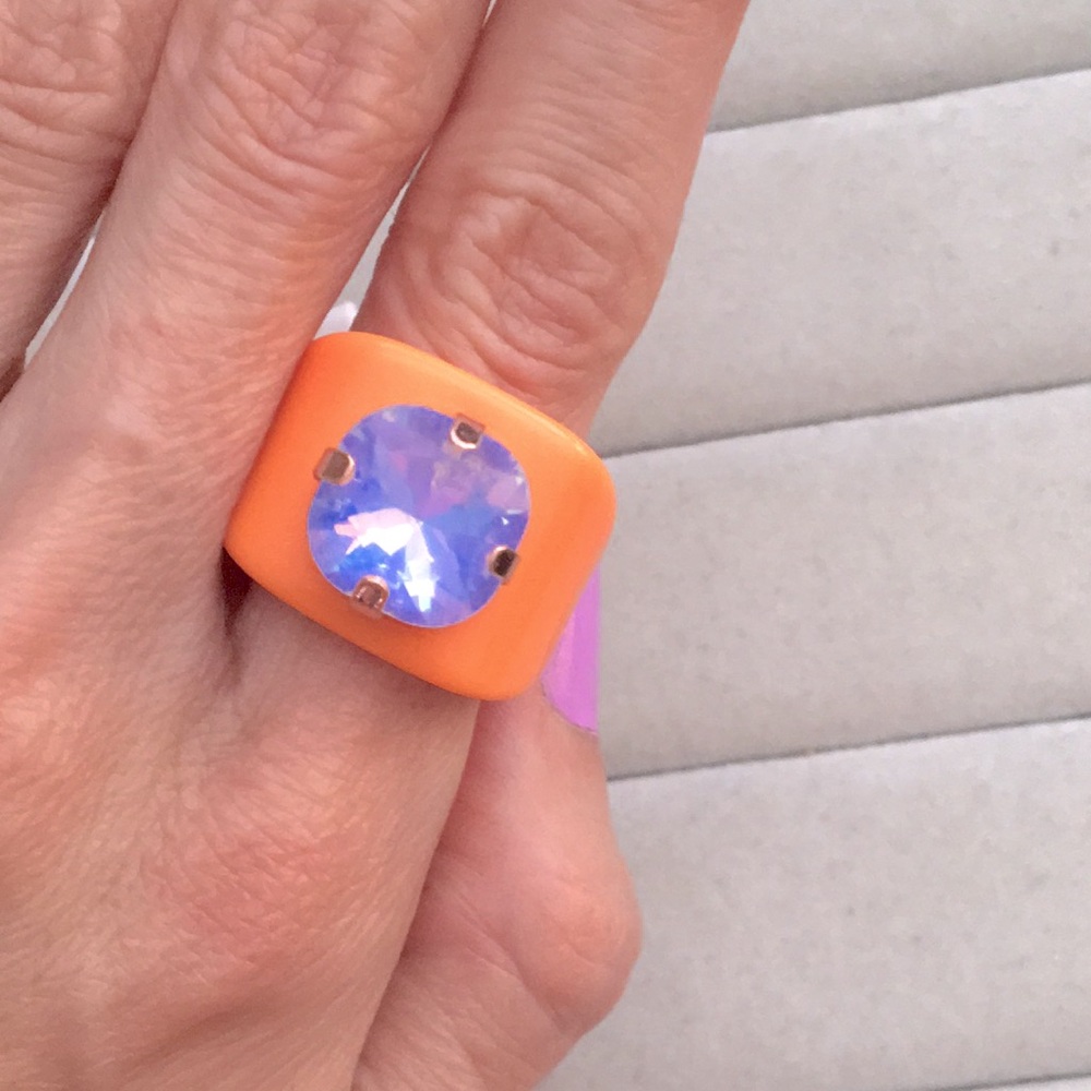 Periwinkle Blue Purple AB Opal + Orange Cushion Cut Crystal Statement Ring